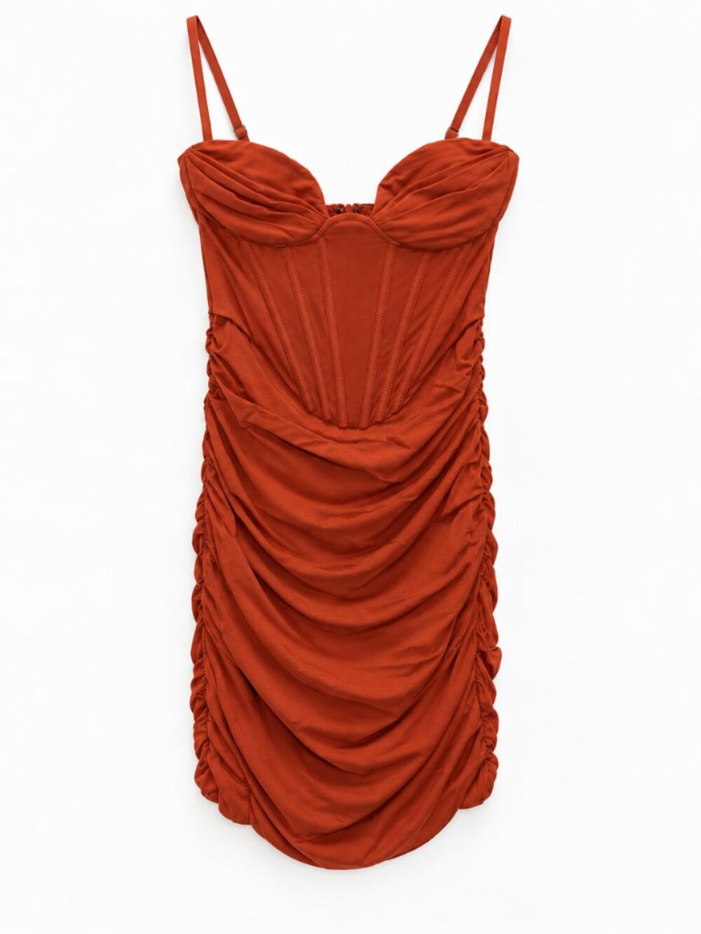 Babyboo Rust Ruched Corset-Style Mini Dress – XS